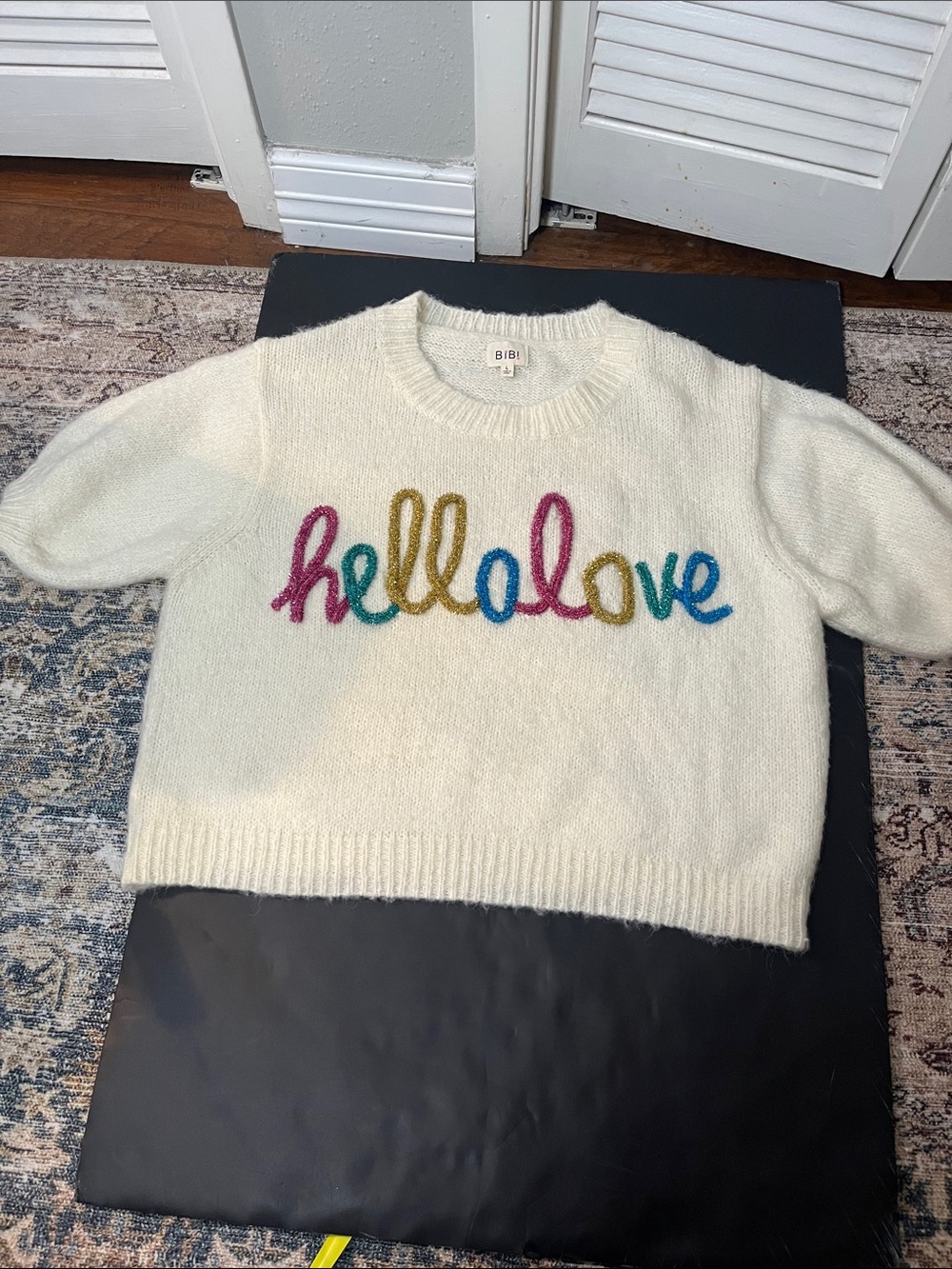 BiBi Cream Crewneck Sweater with Multicolor "hello love" Embroidery Sz L